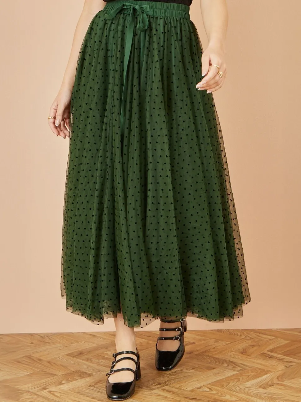 Groen - Yumi Mesh Heart Print Tulle Skirt