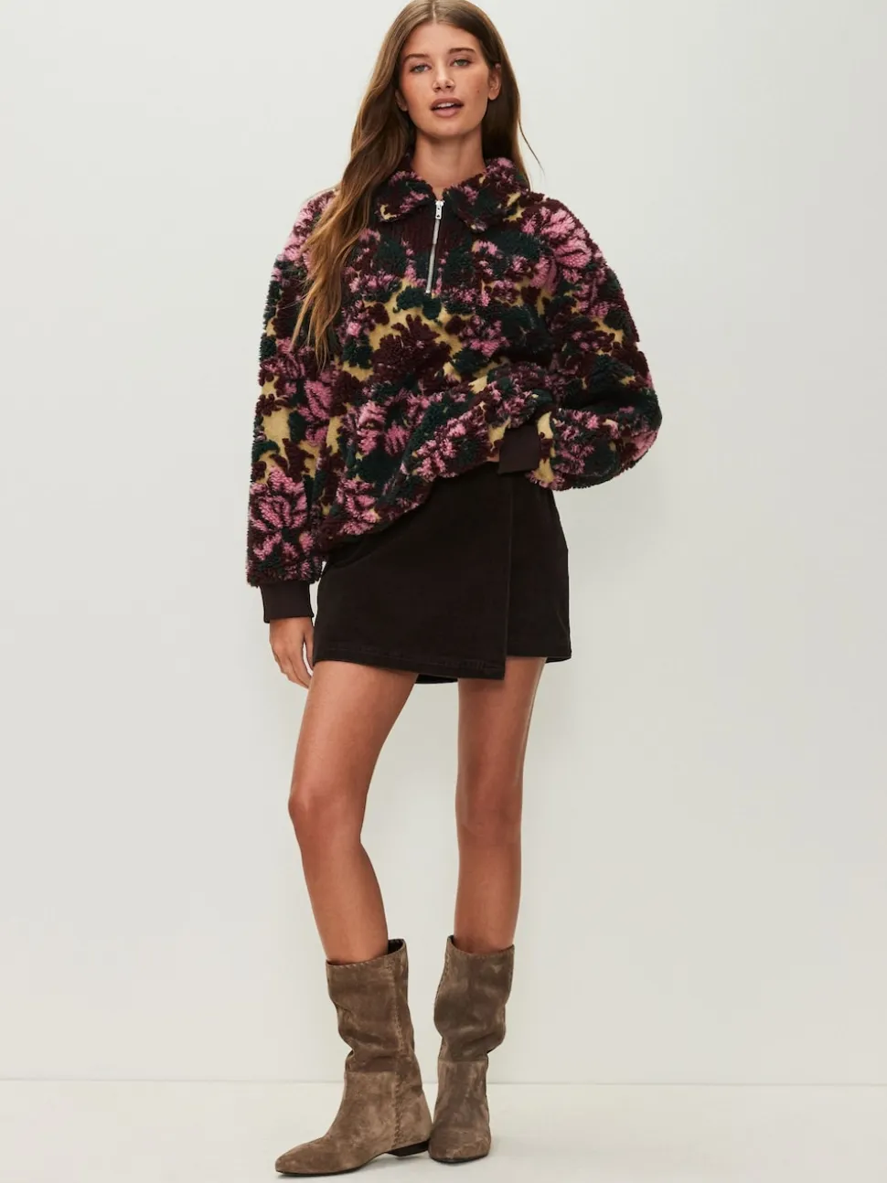 Groen bloemmotief - Jacquard Teddy Borg Quarter Zip Fleece Sweatshirt