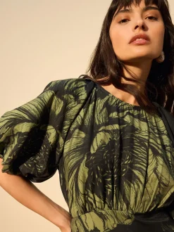 Groen bloemmotief - Midi-jurk met print en pofmouwen