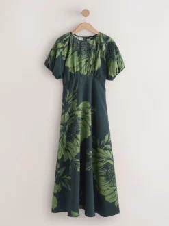 Groen bloemmotief - Midi-jurk met print en pofmouwen