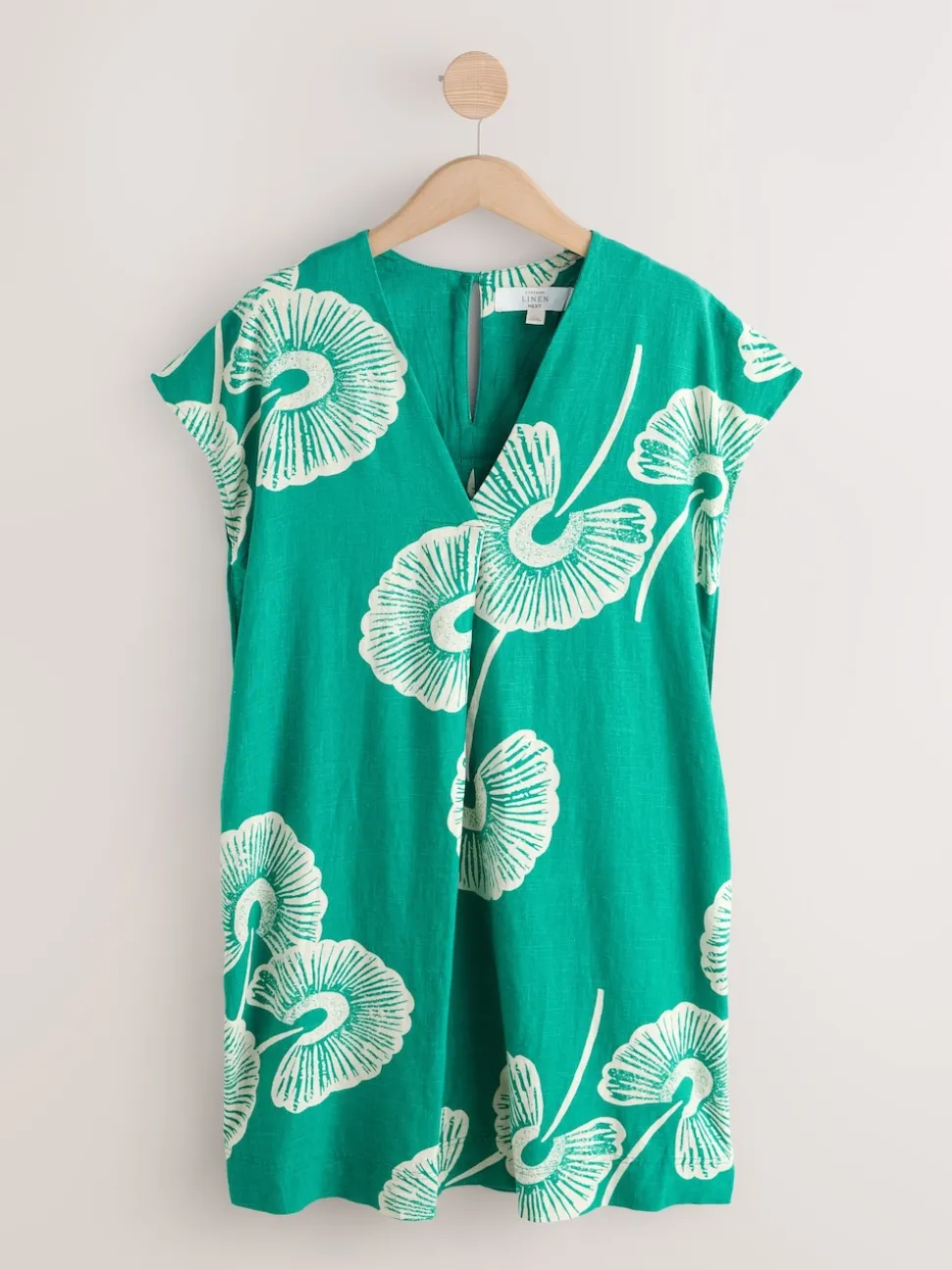 Groen bloemmotief - Mini Short Sleeve V-Neck Kaftan Dress with Linen
