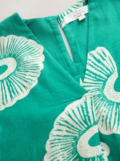 Groen bloemmotief - Mini Short Sleeve V-Neck Kaftan Dress with Linen