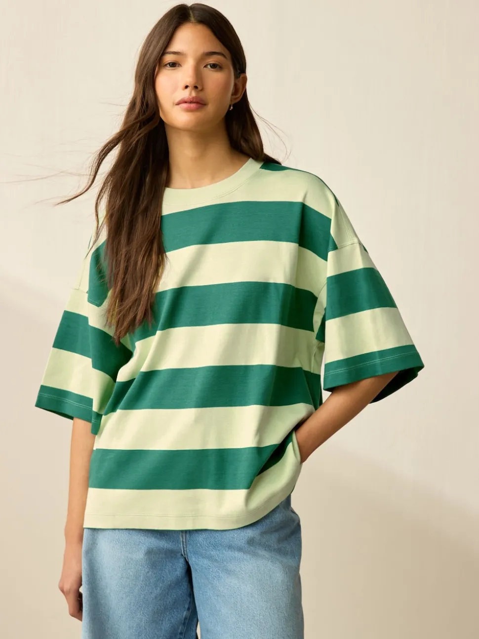 Groen Eenkleurig - Boxy oversized T-shirt met relaxte pasvorm van zware stof en ronde hals