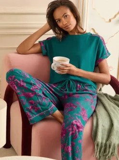 Groen en roze met bloemenprint - Love & Roses Short Sleeve Printed Bottom Jersey Pyjamas Set