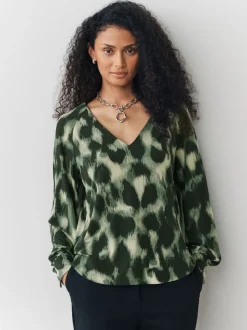 Groen met dierenprint - Long Sleeve V-Neck Jersery Blouse