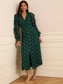 Groen met hartprint - Love & Roses Embroidered Ruffle Midi Dress
