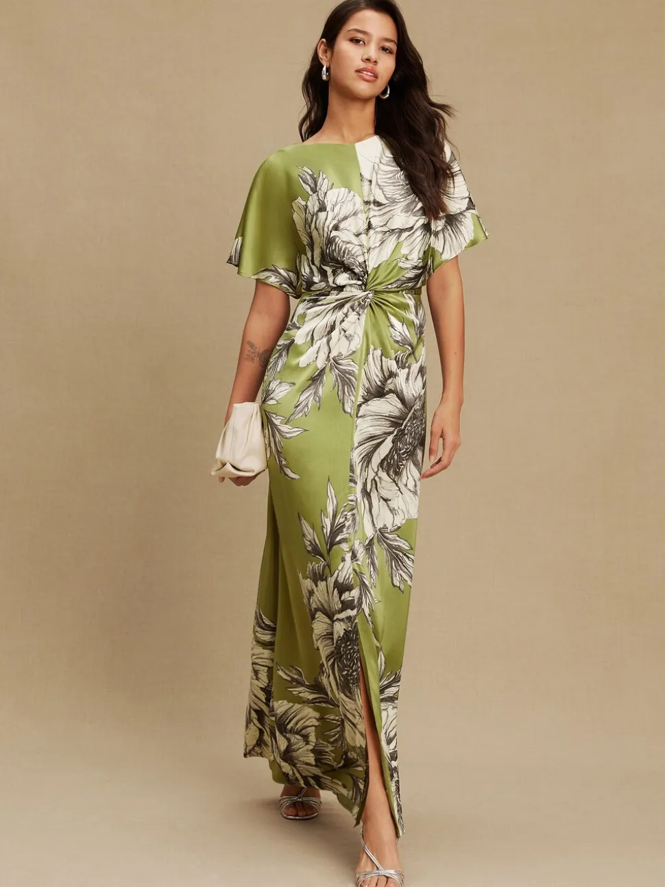 Groen/ecru - Textured Satin Short Sleeve Twist Front Midi Dress