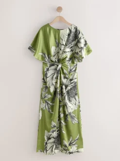 Groen/ecru - Textured Satin Short Sleeve Twist Front Midi Dress