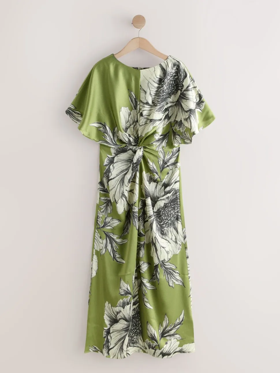 Groen/ecru - Textured Satin Short Sleeve Twist Front Midi Dress