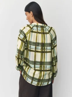 Groen/ecru geruit - Blouse met V-hals en lange mouwen