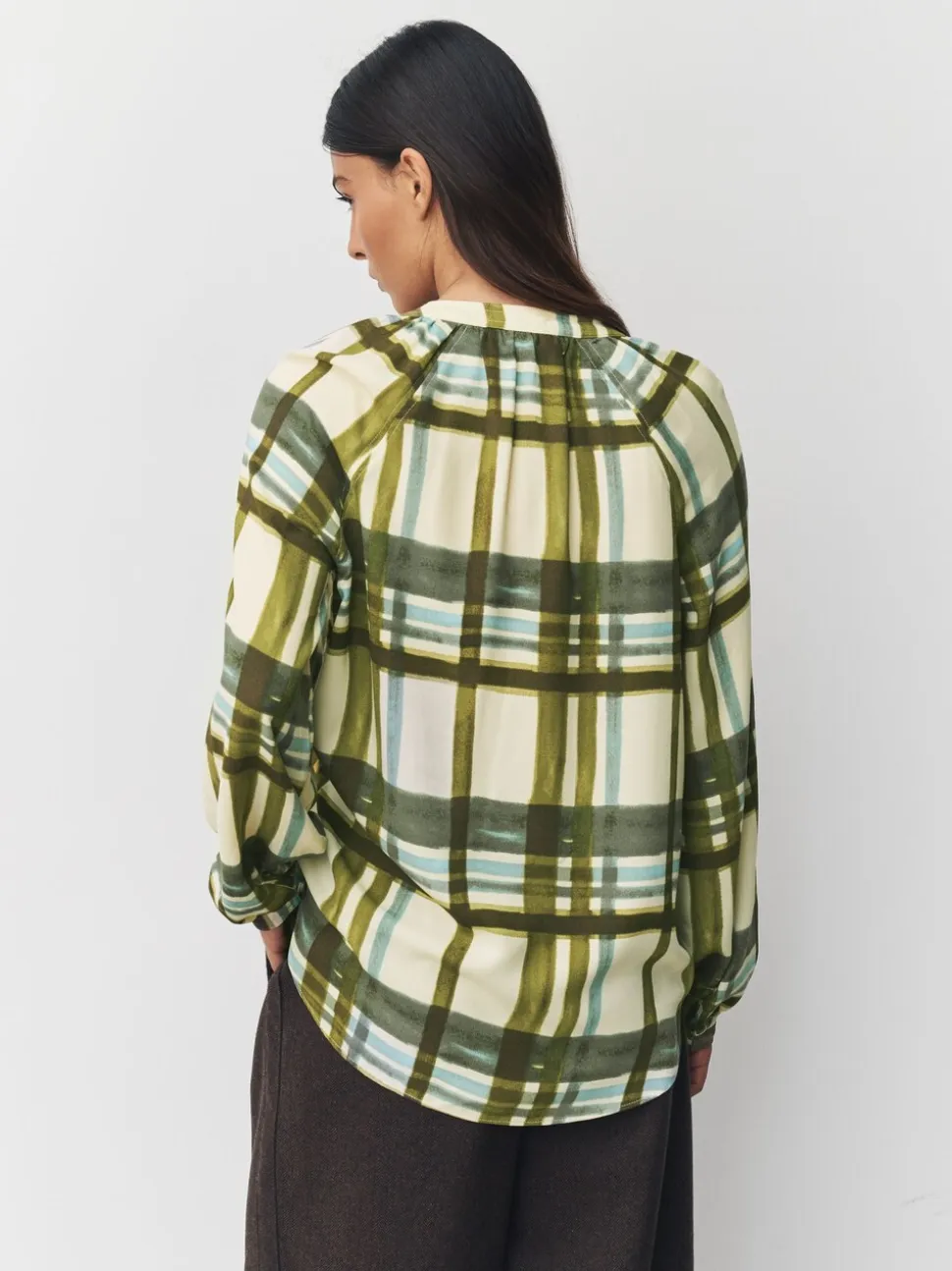 Groen/ecru geruit - Blouse met V-hals en lange mouwen