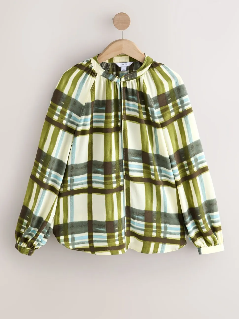 Groen/ecru geruit - Blouse met V-hals en lange mouwen