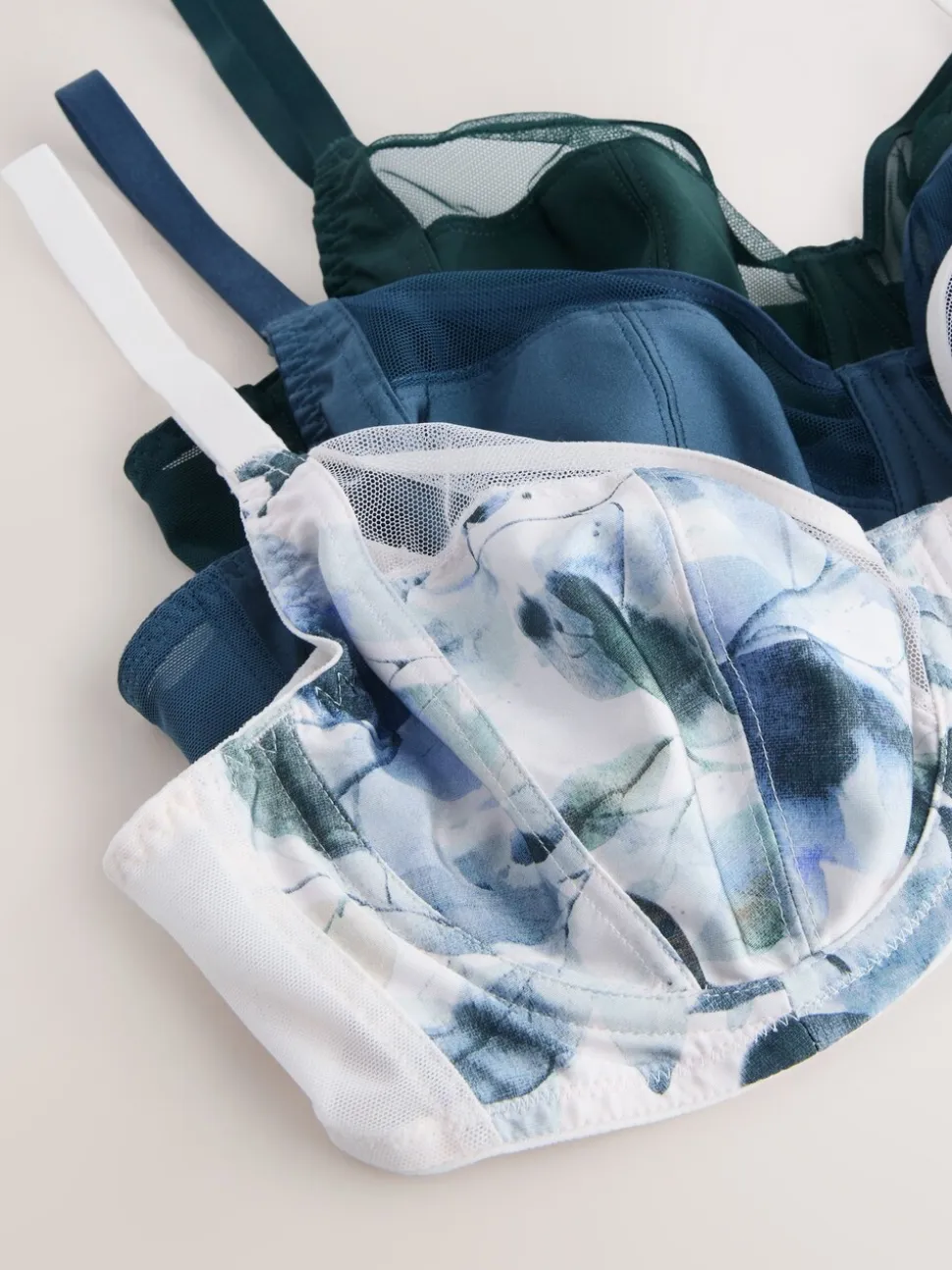Groen/Marineblauw/Marineblauwe print - DD+ niet-gewatteerde beha's met volledige cup, verpakking van 3 met zijsteun