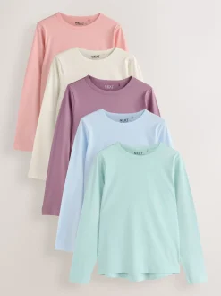 Groen/Paars/Blauw/Ecru/Roze - Set van 5 stuks 100% katoenen T-shirts met lange mouwen