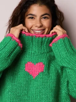 Groen/roze hart - Grof gebreide Staande Hals Trui Met Wol