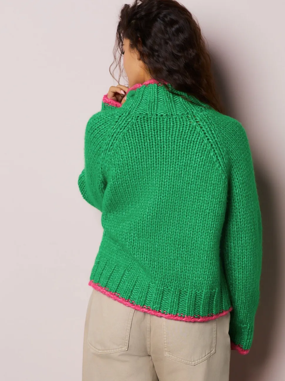 Groen/roze hart - Grof gebreide Staande Hals Trui Met Wol