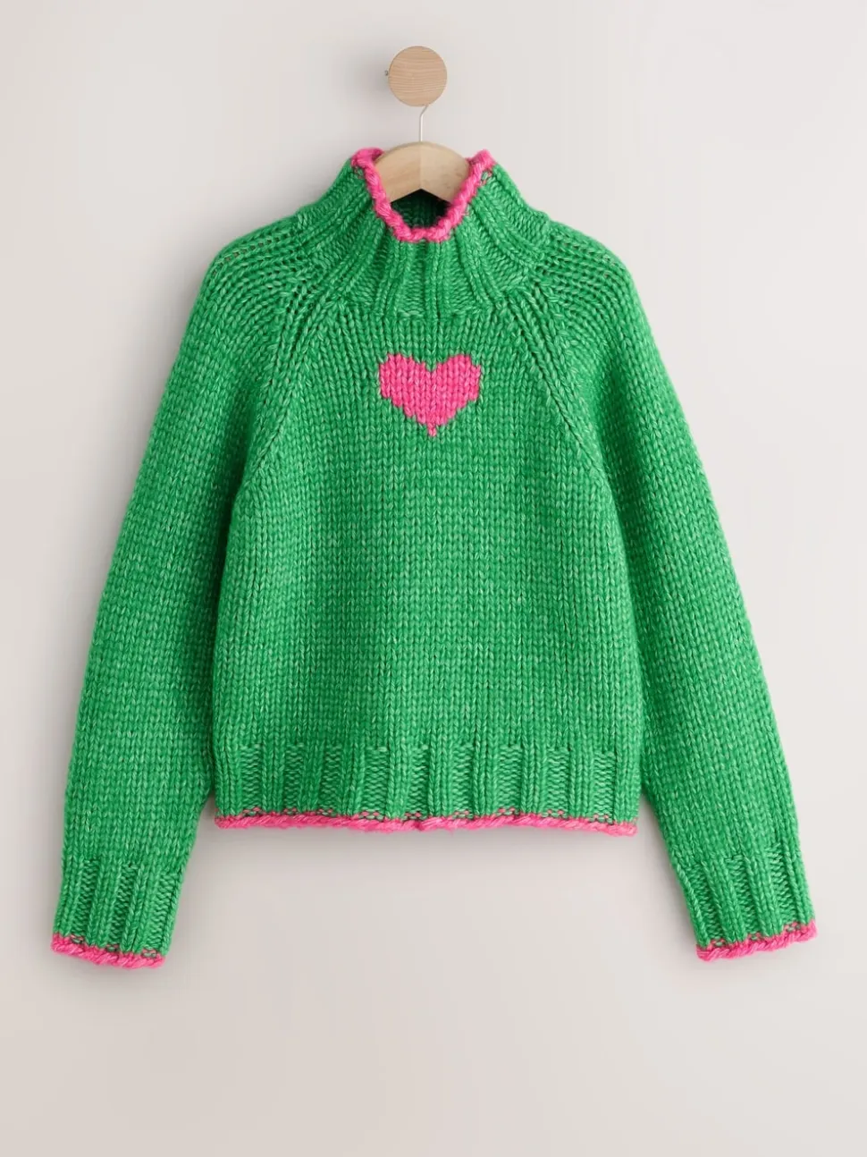 Groen/roze hart - Grof gebreide Staande Hals Trui Met Wol
