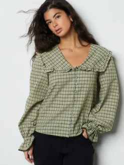 Groen/zwart geruit - Oversized Collar Long Sleeve Blouse