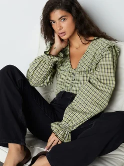 Groen/zwart geruit - Oversized Collar Long Sleeve Blouse