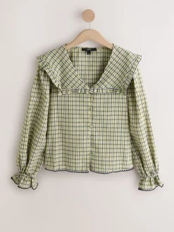 Groen/zwart geruit - Oversized Collar Long Sleeve Blouse