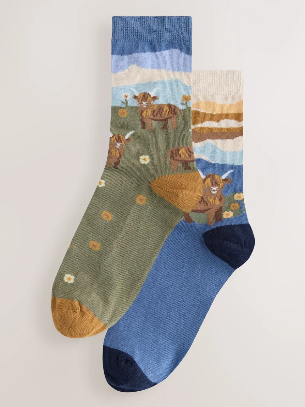 Hamish The Highland Cow Scene - Warm Handle Cotton Ankle Socks 2 Pack