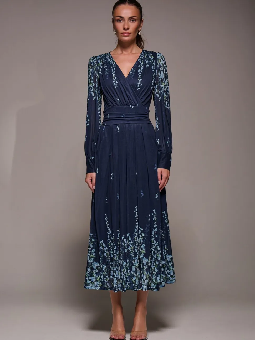Hemelsblauw - Jolie Moi Long Sleeve Printed Mesh Midaxi Dress