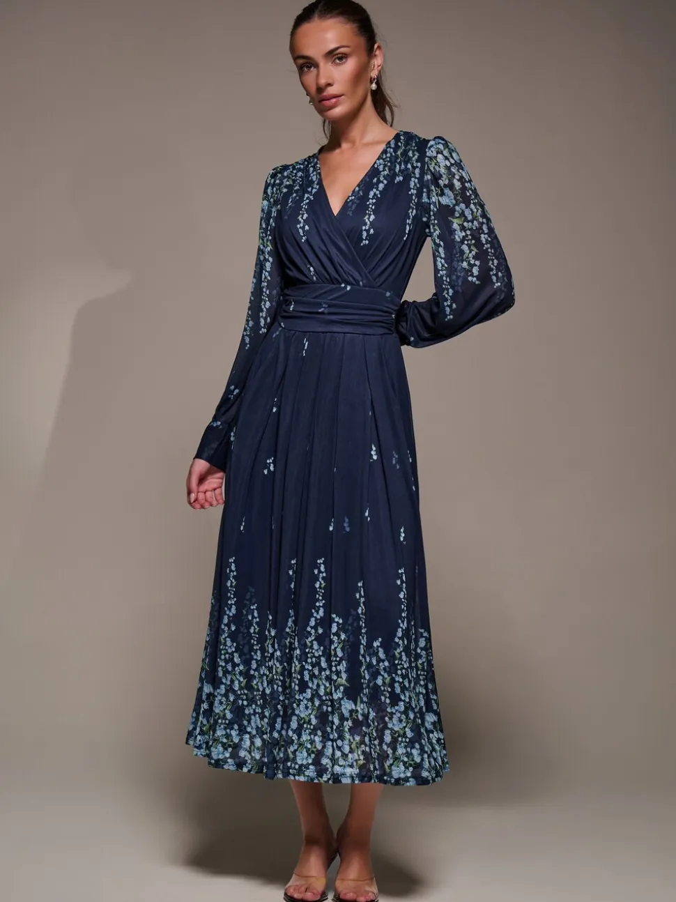 Hemelsblauw - Jolie Moi Long Sleeve Printed Mesh Midaxi Dress