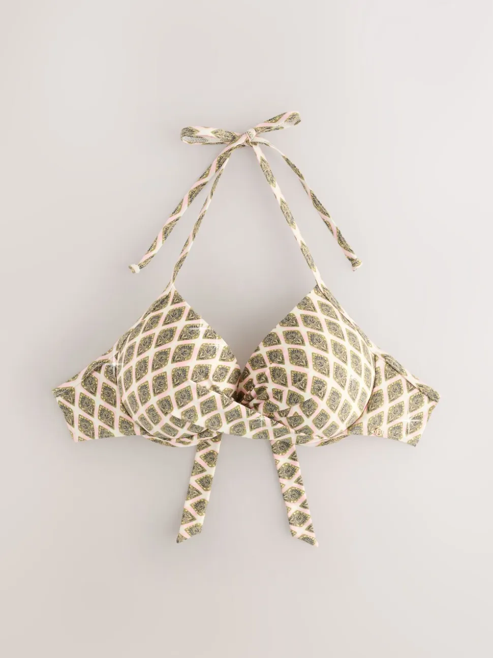 Houtblok Khaki Groen/Cream folie - Bikinibeugeltop met vulling en lage decolleté