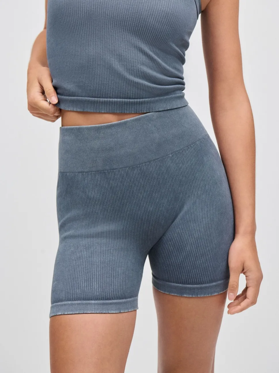Indigoblauw - Geribbelde fietsshort met hoge taille