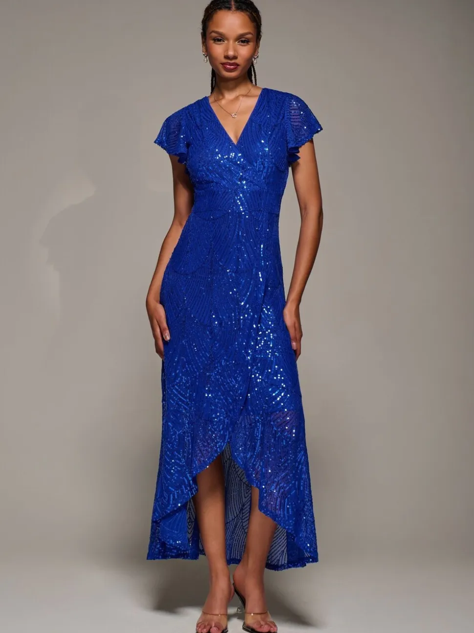Jolie Moi Frill Short Sleeve Sequin Maxi Dress