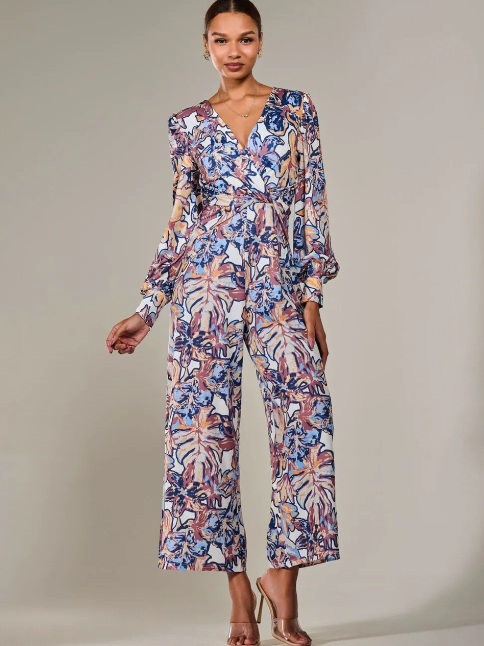 Jolie Moi Jersey Wrap Front Long Sleeve Jumpsuit