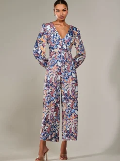 Jolie Moi Jersey Wrap Front Long Sleeve Jumpsuit