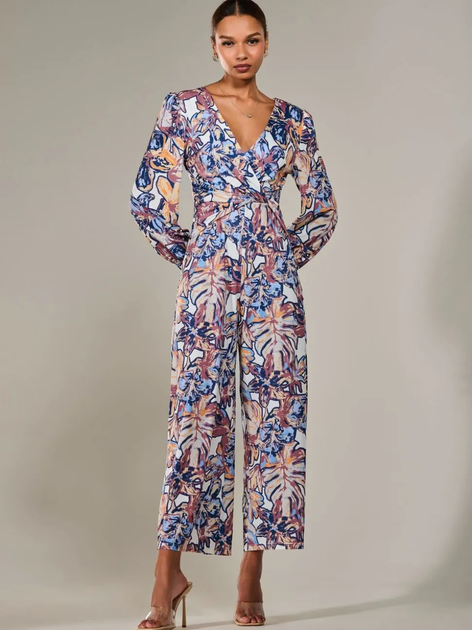 Jolie Moi Jersey Wrap Front Long Sleeve Jumpsuit