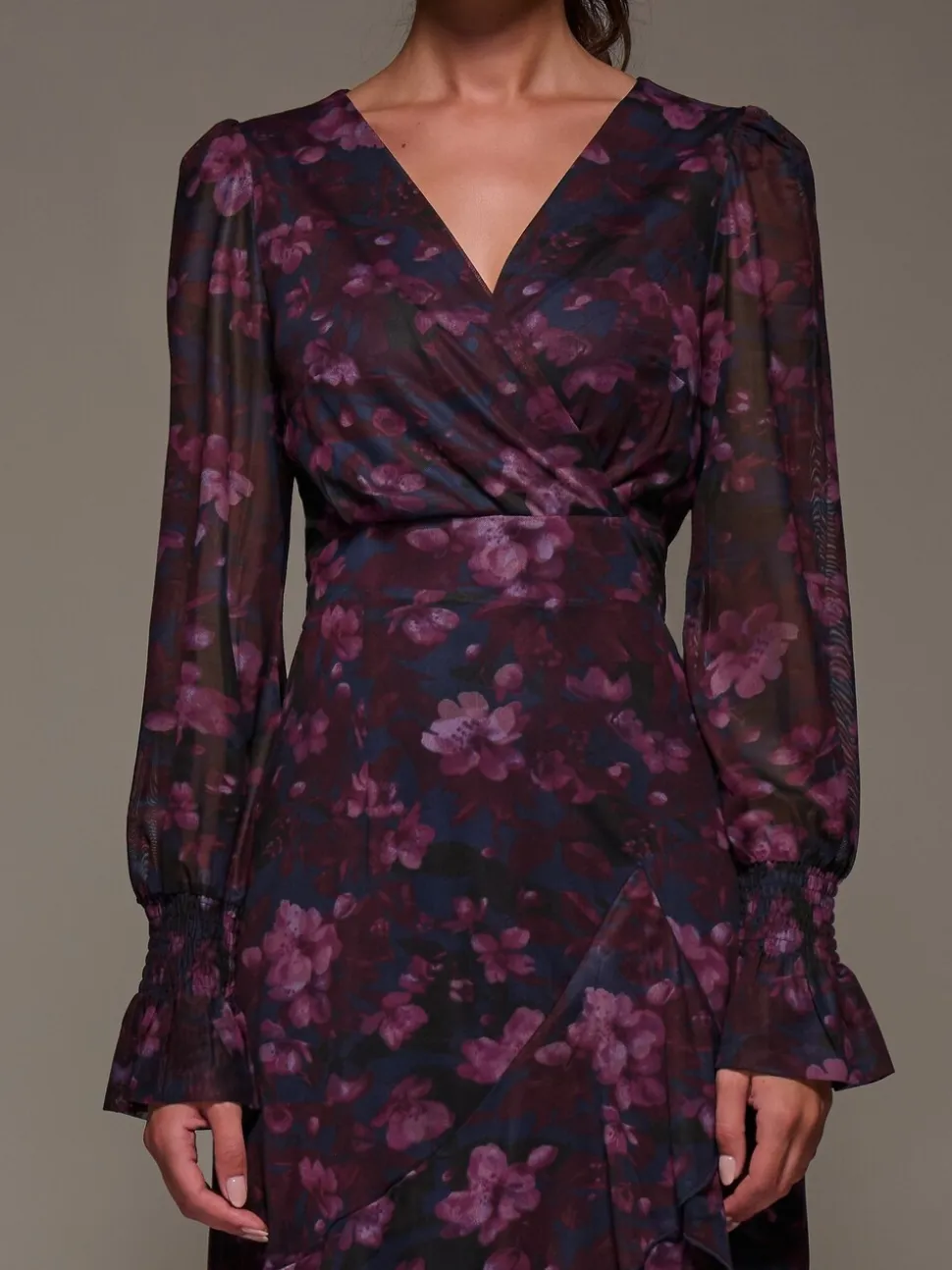 Jolie Moi Long Sleeve Ruffle Hem Mesh Maxi Dress