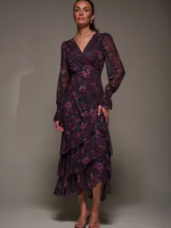 Jolie Moi Long Sleeve Ruffle Hem Mesh Maxi Dress
