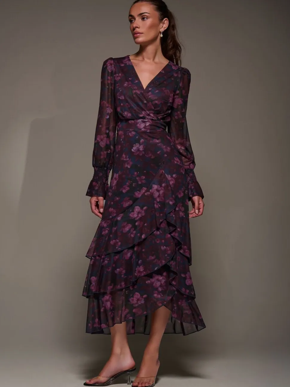 Jolie Moi Long Sleeve Ruffle Hem Mesh Maxi Dress