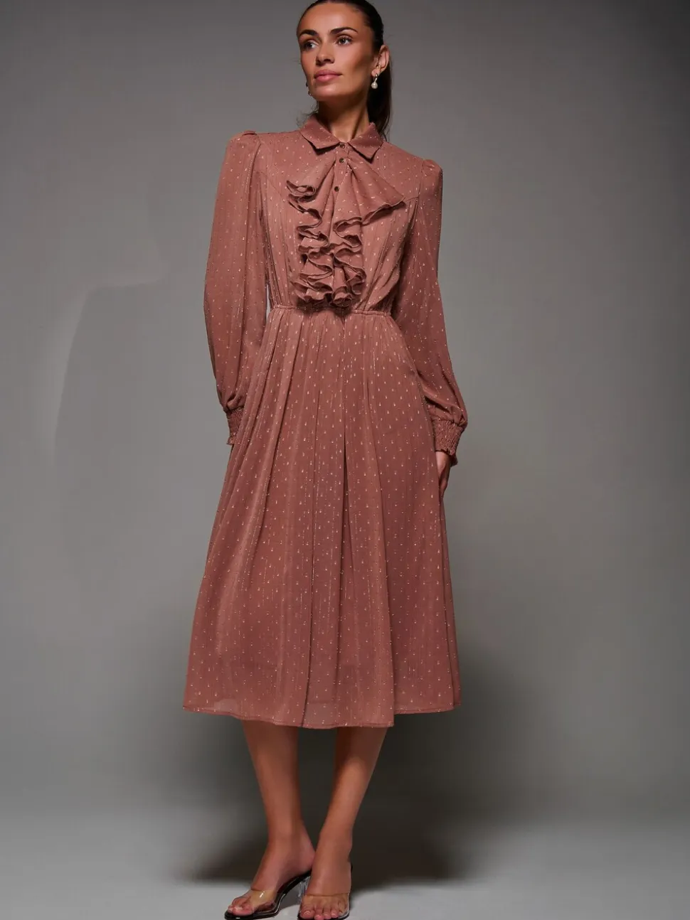 Jolie Moi Textured Chiffon Ruffle Shirt Dress