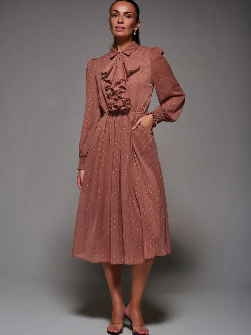 Jolie Moi Textured Chiffon Ruffle Shirt Dress