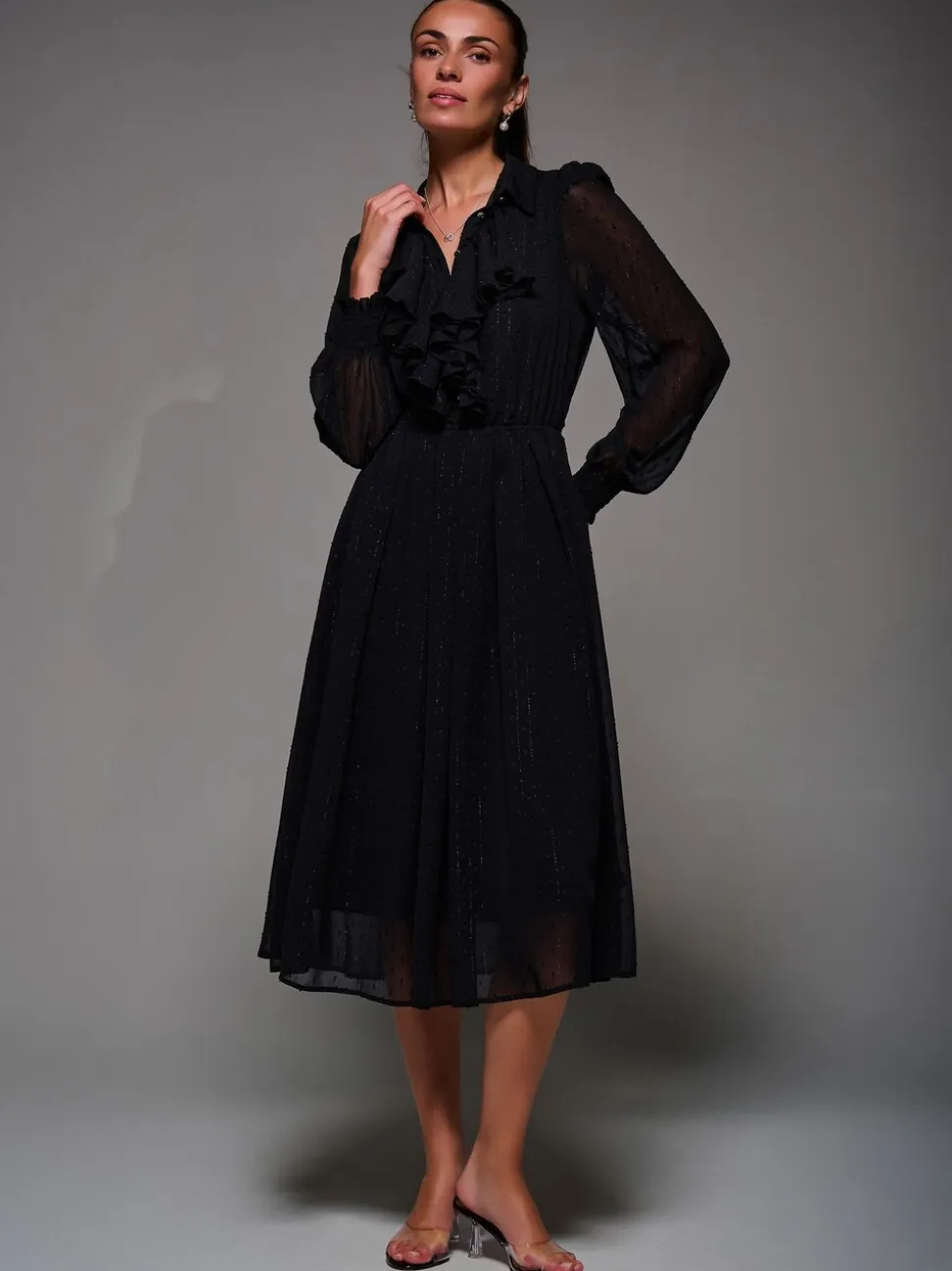 Jolie Moi Textured Chiffon Ruffle Shirt Dress