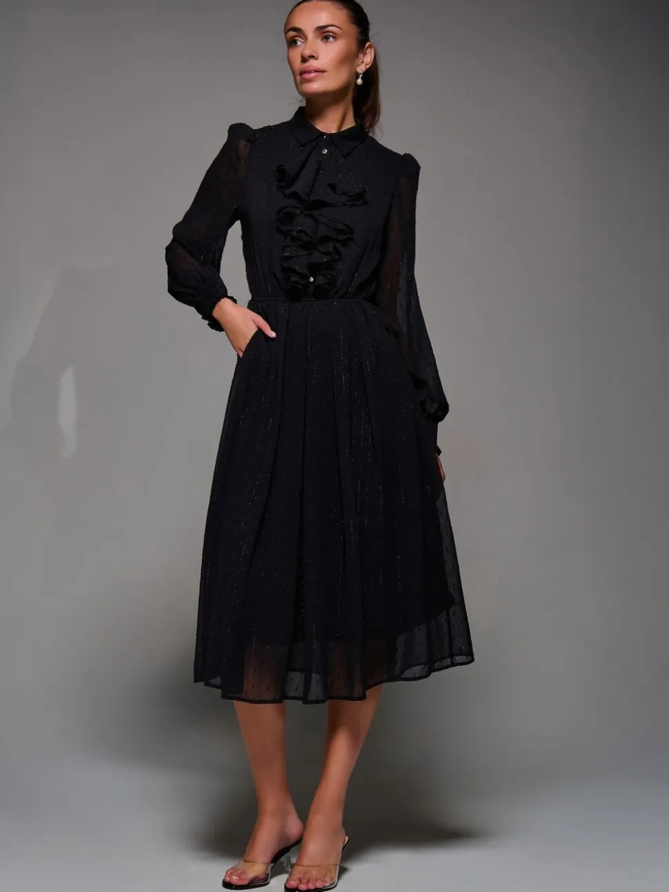 Jolie Moi Textured Chiffon Ruffle Shirt Dress