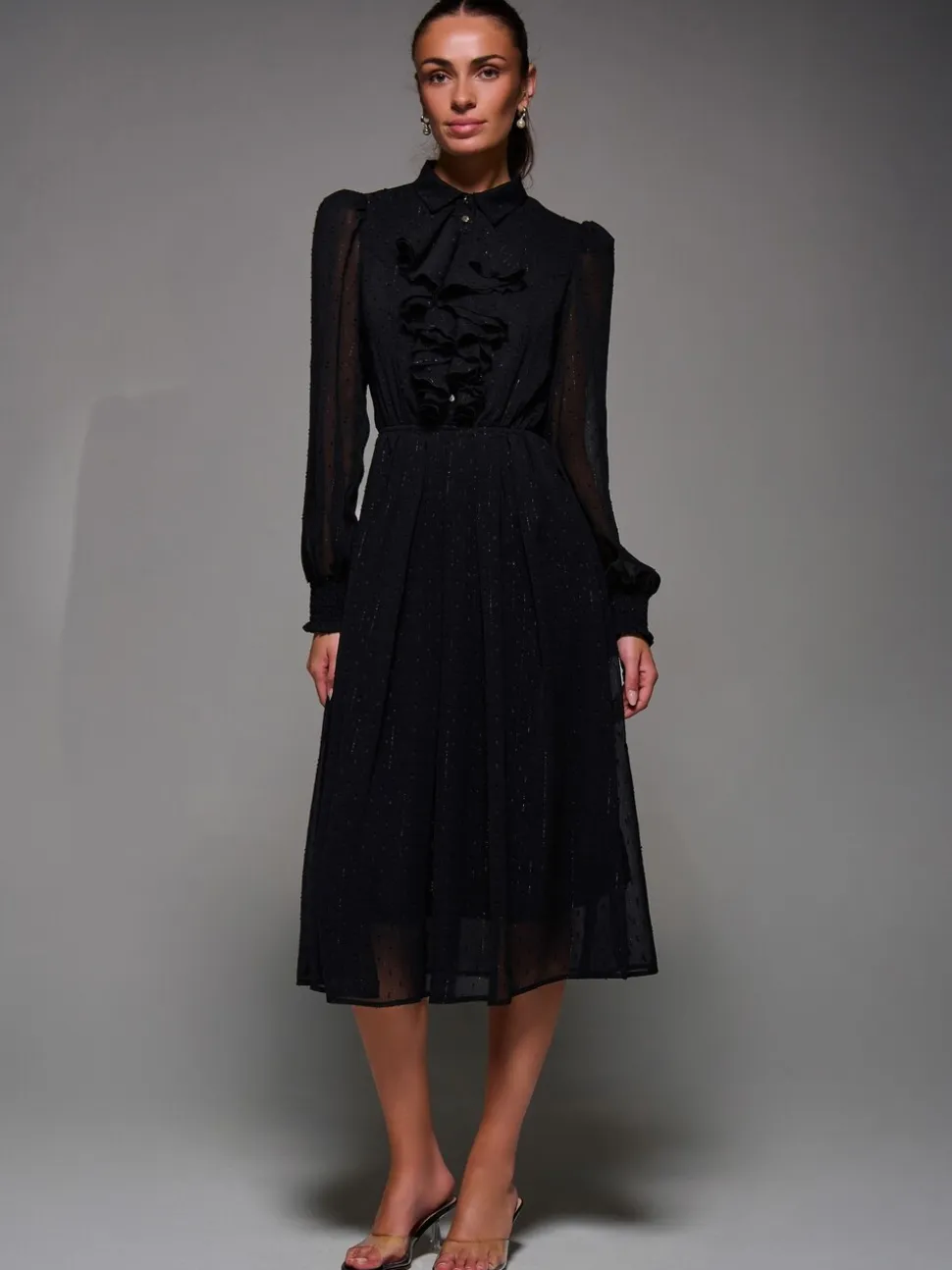 Jolie Moi Textured Chiffon Ruffle Shirt Dress