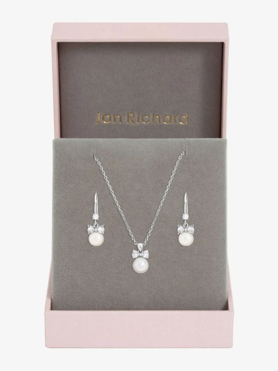 Jon Richard Rhodium Plated Crystal Bow and Pearl Drop Set Gift Box