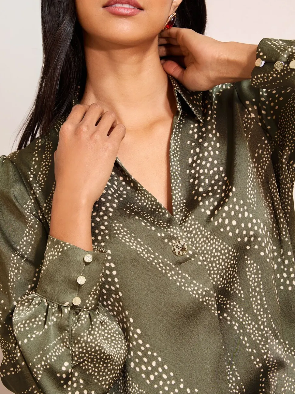 Kaki met print - Friends Like These Long Sleeve Button Detail Collared Blouse