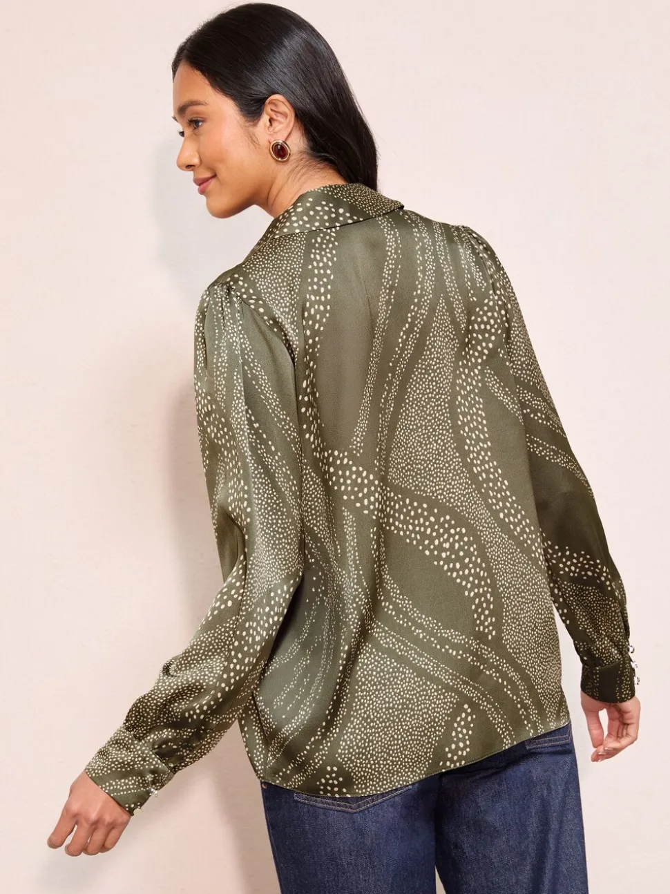 Kaki met print - Friends Like These Long Sleeve Button Detail Collared Blouse