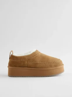Kastanjebruin - Leather Cosy Borg Lined Slip-On Shoes
