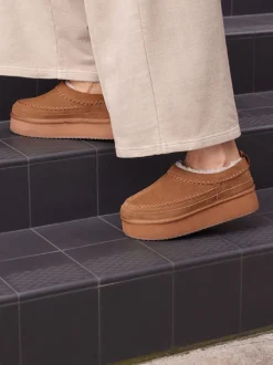 Kastanjebruin - Leather Cosy Borg Lined Slip-On Shoes