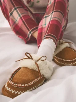 Kastanjebruin - Stitch Suede Faux Fur Lined Mule Slippers