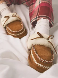 Kastanjebruin - Stitch Suede Faux Fur Lined Mule Slippers