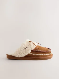 Kastanjebruin - Stitch Suede Faux Fur Lined Mule Slippers