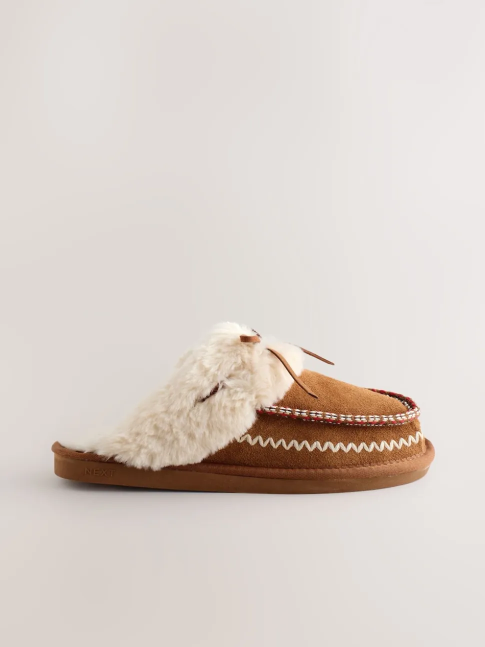 Kastanjebruin - Stitch Suede Faux Fur Lined Mule Slippers